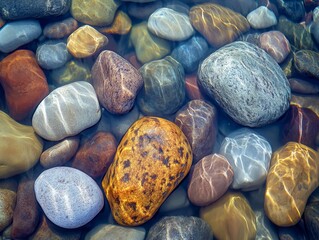 Close-up view of assorted rocks submerged in flowing water.