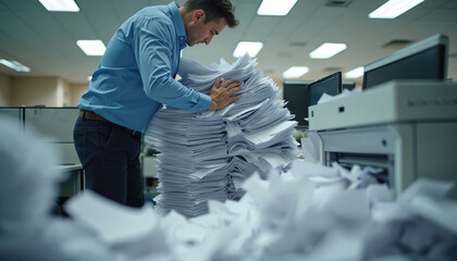 Office worker manages huge paper stack. Stands by printer in messy office. Documents piled up, causing big problem. Looks overwhelmed with task. Printing error creates much paper. Common office issue.