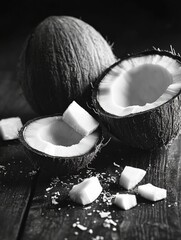 A selection of fresh coconut pieces on a wooden surface.