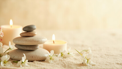 Zen stones with candles and flowers for relaxation and meditation
