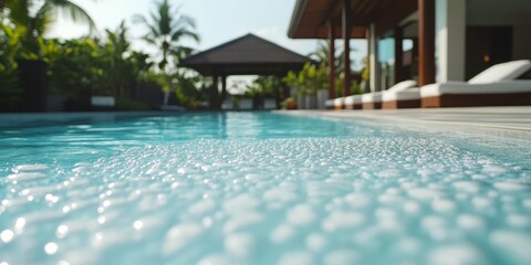 A tranquil blue swimming pool filled with water and airy bubbles, set against a tropical resort backdrop.