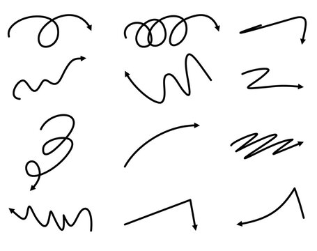 Hand drawn set of scribble curly and wavy black arrows. Collection of sketch doodle pointers showing direction and movement