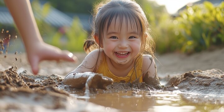 A young girl with a big smile, laughing and enjoying herself while playing in muddy water.