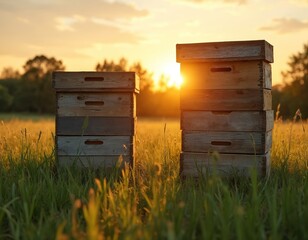 Beehives stand in grass field at sunset. Wooden boxes are stacked. Sunlight shines through hive boxes. Trees are in background. Apiculture farm growing honey in spring. Insect homes on rural meadow.