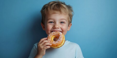 A young boy with blond hair is smiling while enjoying a sugar-coated donut. He's wearing a white shirt and standing against a blue background.