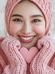 Smiling woman with pink hijab and heart, warm lighting, soft focus