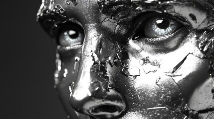 Close-up image of a human sculpture with metallic textures and details. The art piece appears to be weathered and cracked.