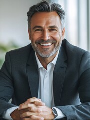 A man with a beard and short hair is sitting in an office environment with a smiling expression on his face. He is dressed in a business suit and has hands clasped together.