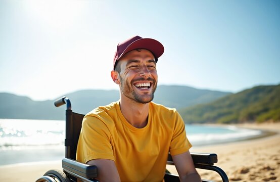 Smiling man in wheelchair on sandy beach. He enjoys vacation by sea, feels happy and healthy outdoors. Sunny day, clear sky, ocean waves, green hills form background.