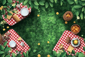 A delightful picnic setup, complete with a variety of foods on red and white checkered tablecloths. The scene is set against a backdrop of lush greenery, adding to the inviting atmosphere.