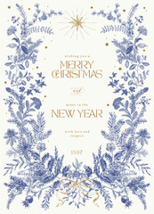 The Greeting card. Botanical vintage illustration. Happy holidays. Blue and white