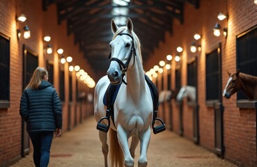 White horse with bridle, saddle stands in stable aisle. Person walks past brick stalls with warm lights. Horses wait inside stables. Equestrian training facility setting shows prep for ride equine
