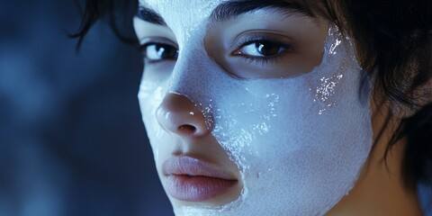 A young woman with a powdered face looking away from the camera.