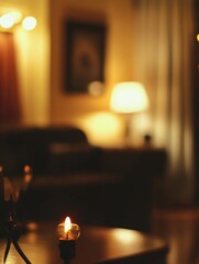 Dimly lit living room with lamp on wooden table, sofa in background, and warm ambiance.
