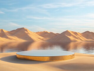A tranquil desert scene with a watering hole and sand dunes at sunrise or sunset.