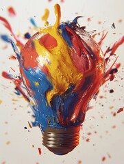 A lightbulb bursts with vibrant colors of blue, red, and yellow. A unique and artistic representation.