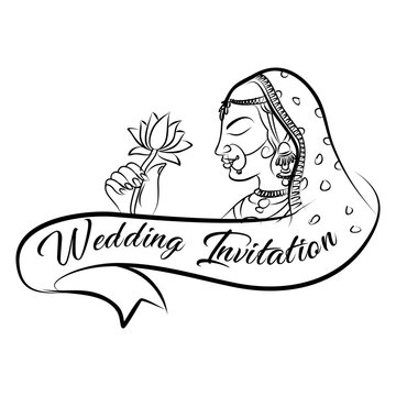 Traditional Indian Bride with Lotus and &ldquo;Wedding Invitation&rdquo; Text &ndash; Elegant Line Art Vector Design