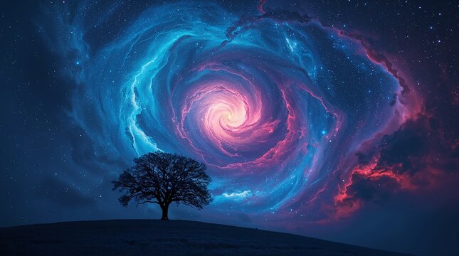 Tree silhouette on hill under swirling galaxy in night sky  