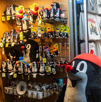 A toy shop window in Prague with figurines of the famous Czech cartoon character - the Little Mole. Prague, Czech Republic, 11.05.25