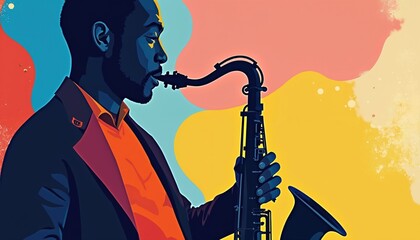 Illustration presents jazz musician playing saxophone. Artwork shows vibrant colors. It can be used as event poster or music album cover. Picture reflects musical performance at jazz club.