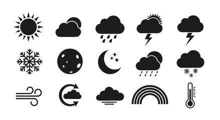 Weather forecast icons set sun cloud rain moon snowflake wind rainbow and thermometer vector illustration