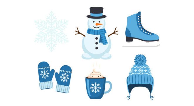 Winter season vector art illustration featuring snowman, ice skate, and winter accessories design elements