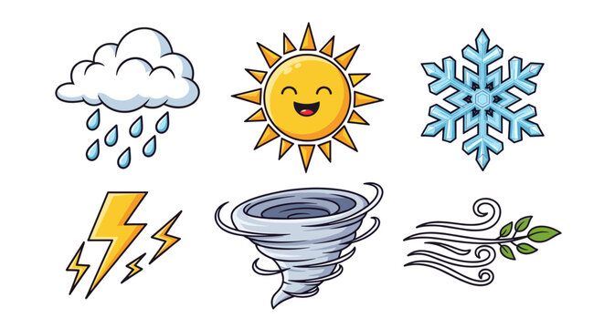 Weather forecast icons set vector illustration cute sun rain snowflake wind tornado and lightning weather elements