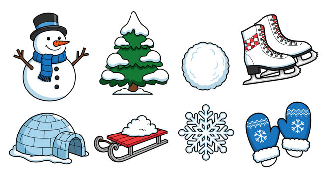 Winter season holiday elements vector illustration with snowman tree and ice skates for graphic design needs