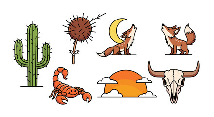 Illustrations of desert animals and plants including cactus, fox, scorpion, and bull skull vector art