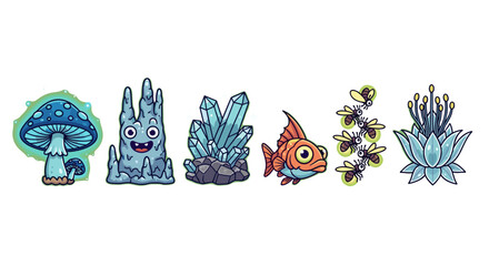 Fantasy game assets collection including mushroom creature crystal fish and fireflies illustration