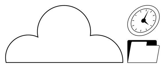 Cloud outline with clock and folder, representing data storage, time management, productivity, digital workflow, file organization, cloud computing, and deadline tracking. Clean simple flat metaphor