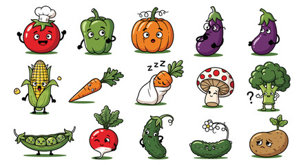 Illustration of cute cartoon vegetables including tomato eggplant pumpkin and other fresh produce for kids art