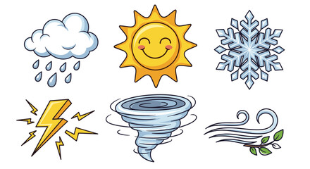 Weather forecast icons set representing different weather conditions and meteorological phenomena for design elements