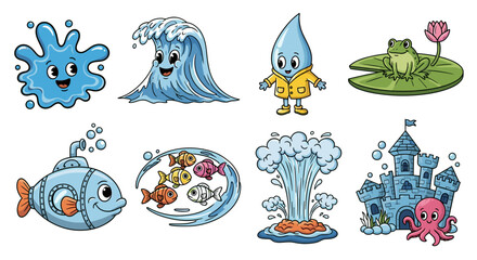 Cartoon water elements vector illustration featuring wave splash fountain submarine and sea creatures for kids