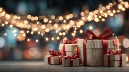 A stack of presents with red ribbons on top