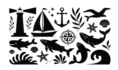Fototapeta premium Nautical and Marine Life Silhouettes Collection