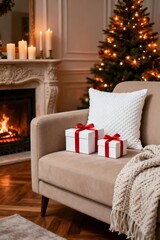 Cozy Christmas Living Room with Fireplace and Holiday Decor
