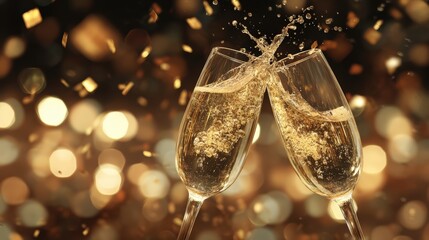 Two champagne glasses are filled with champagne and are being raised in a toast