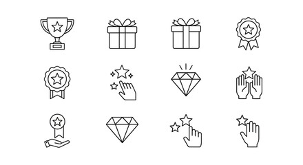 Reward and quality outline icons set with trophy gift ribbon stars and diamond. EPS Editable