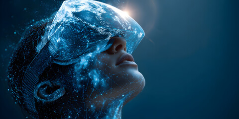 woman look up portrait in vr glasses hologram, glowing virtual headset with connection, earth sphere and lines.