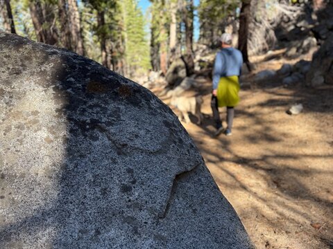 Graniteboulder and young man hiking in the woods