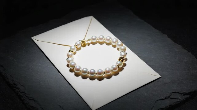Elegant Pearl Bracelet with Gold Accents on a Cream Envelope Resting on a Dark Slate Background, Luxury Jewelry Still Life