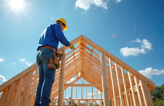Construction worker, wearing hard hat, tool belt, builds wooden house frame. Stands on structure, inspecting roof timbers under bright blue sky. Man works on new residential building project,