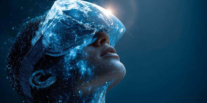 woman look up portrait in vr glasses hologram, glowing virtual headset with connection, earth sphere and lines.