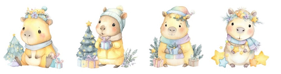  watercolor illustration of a capybara in a winter hat
