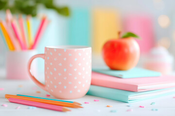 Apple books and cup with stationery on white background academic knowledge symbol