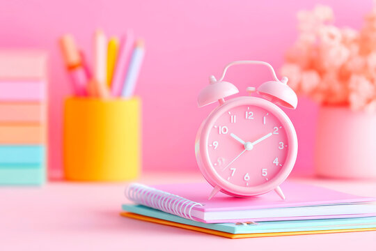 Clock notebook and school stationery on white background time management study theme