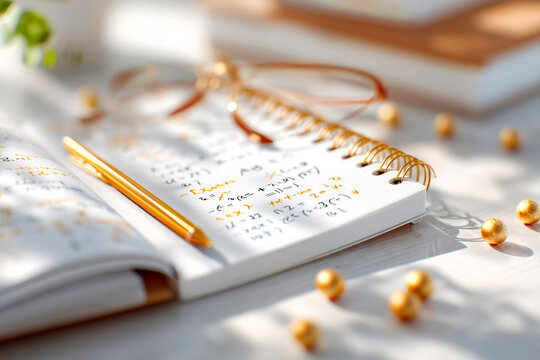 Copybook with handwritten maths formulas on white wooden background education mathematics study