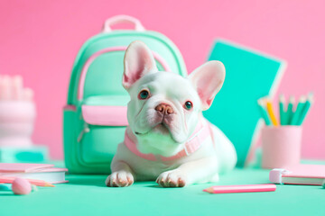 French bulldog with school supplies and backpack on green background playful school theme