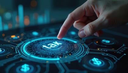 A human hand presses glowing tax button on futuristic digital interface screen. This represents online financial services, e-commerce, and modern gov tech payment systems. Future economy.